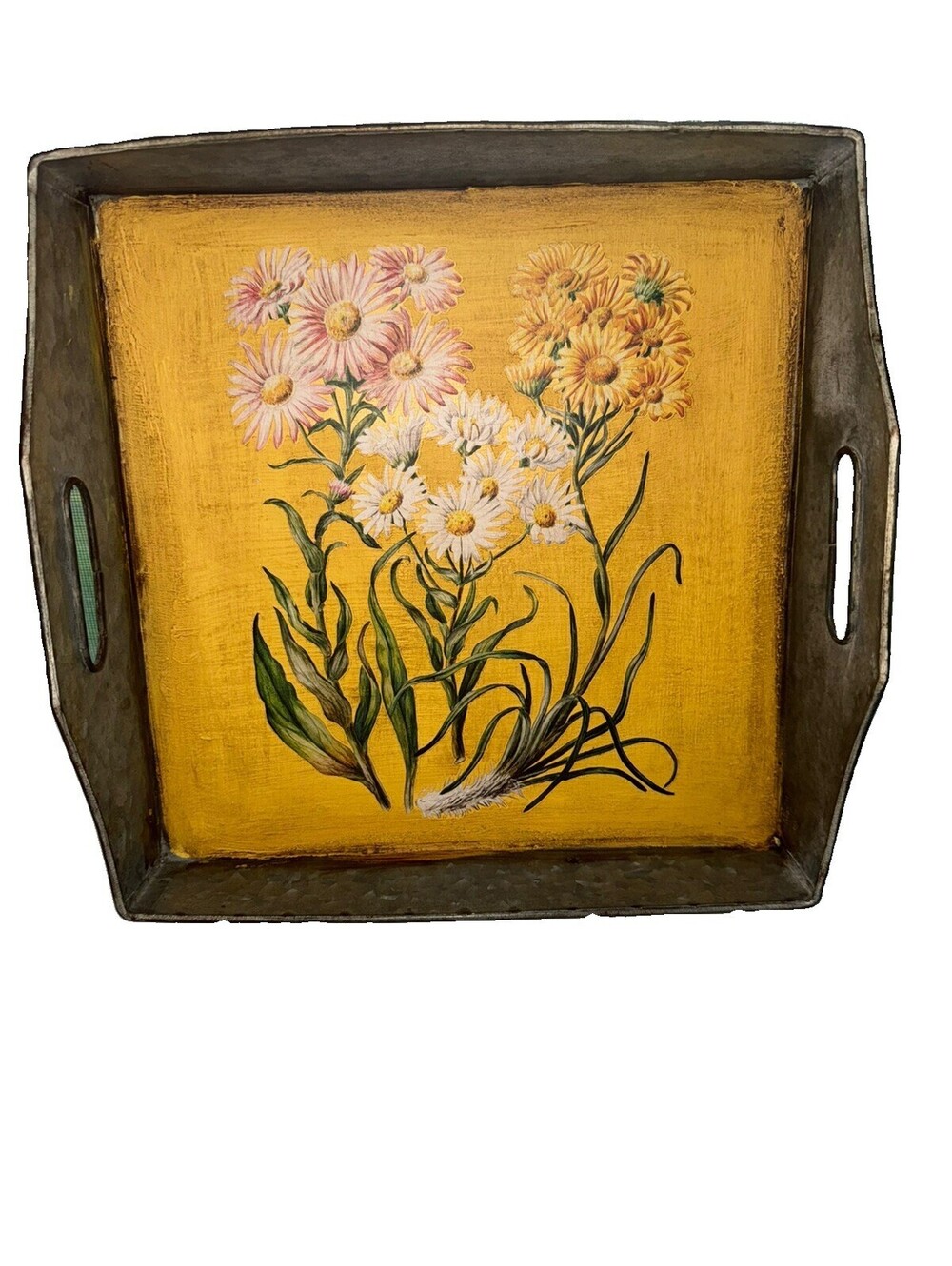 Rustic Floral Serving Tray Gallery Wall Hand Painted Soft Yellow; cottagecore